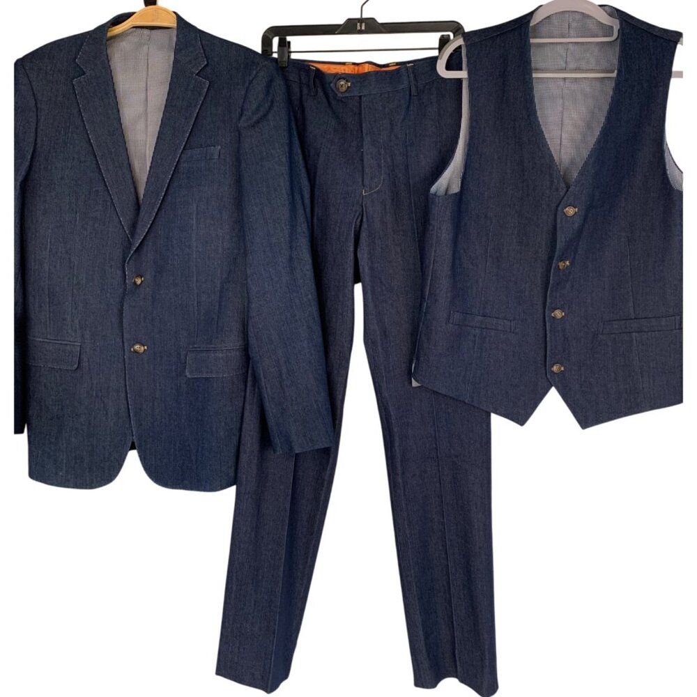 Mens Vitarelli 3-Piece Denim Suit 38L Jacket 32L Pants Blue RHH10573 EUC Italy